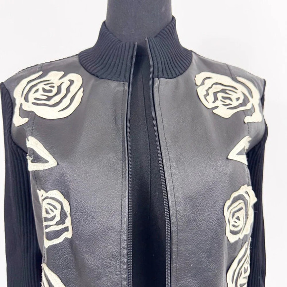 RARE VINTAGE KATHERINE BARCLAY LEATHER ZIP UP WITH ROSE LEATHER MOTIF JACKET - Picture 3 of 14